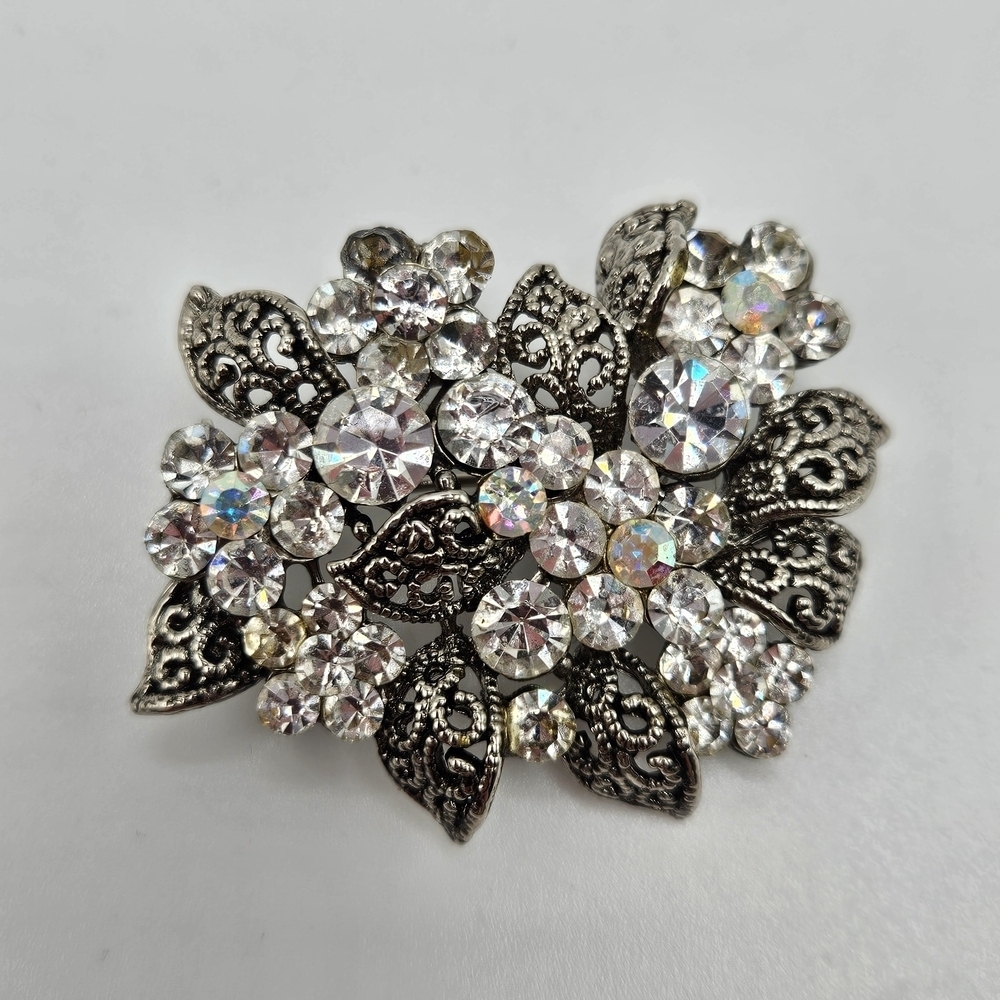 VINTAGE Silver Tone Aurora Borealis AB Rhinestone Flower Bouquet Brooch Pin